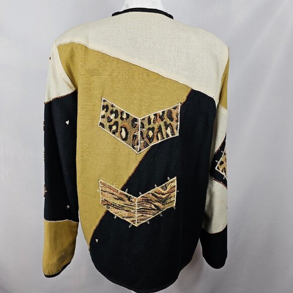 VTG Grandmacore Patchwork Retro Bold Abstract Cheetah Gold Black Cardigan S - Picture 5 of 15